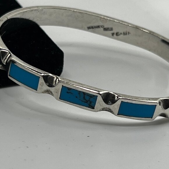 Chunky Vintage Mexico 925 hinged Taxco 925 silver cuff with Turquoise stones - Picture 3 of 5